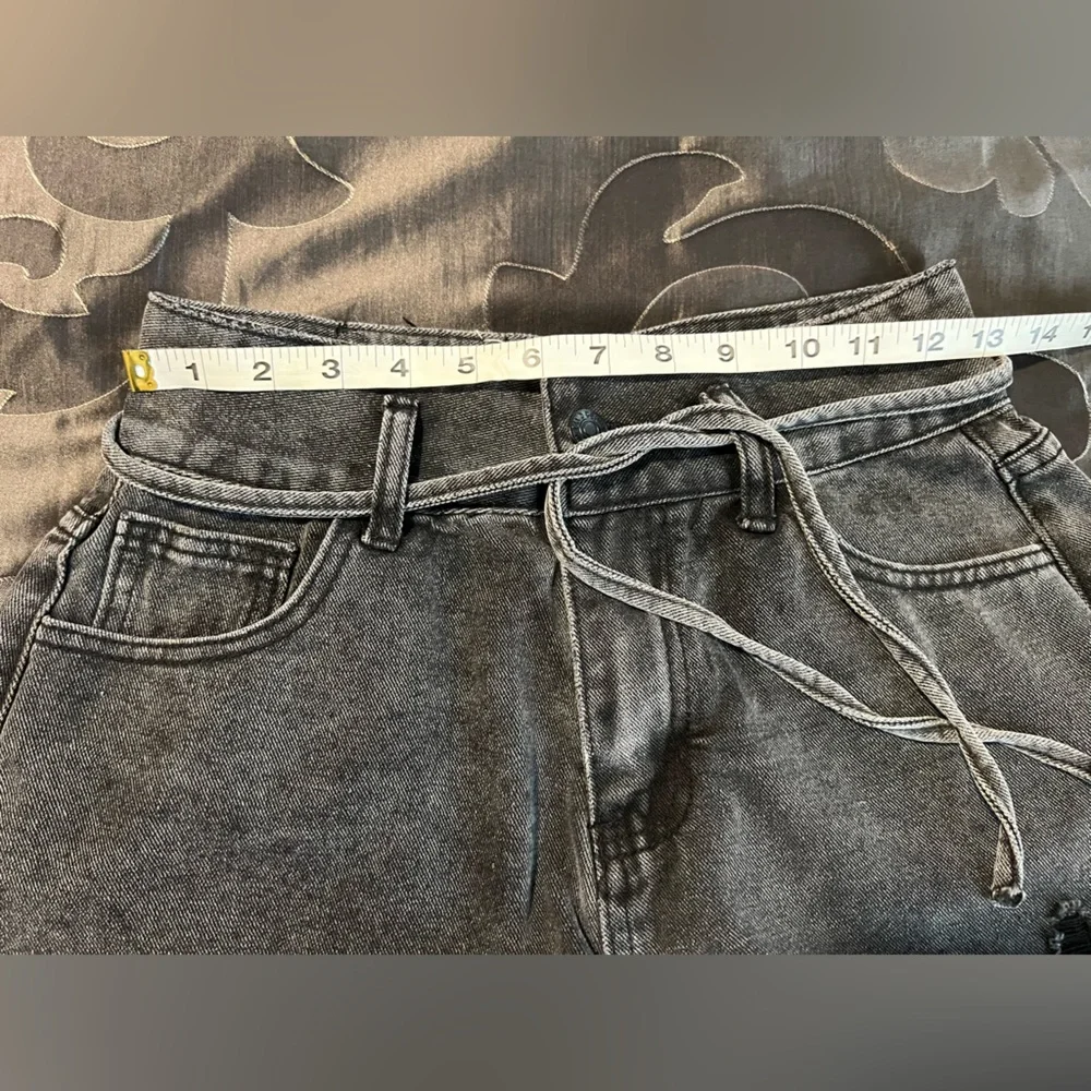 Denim Blvd Los Angeles Women’s Faded Black Denim High Waist Shorts Tie Belt SM
